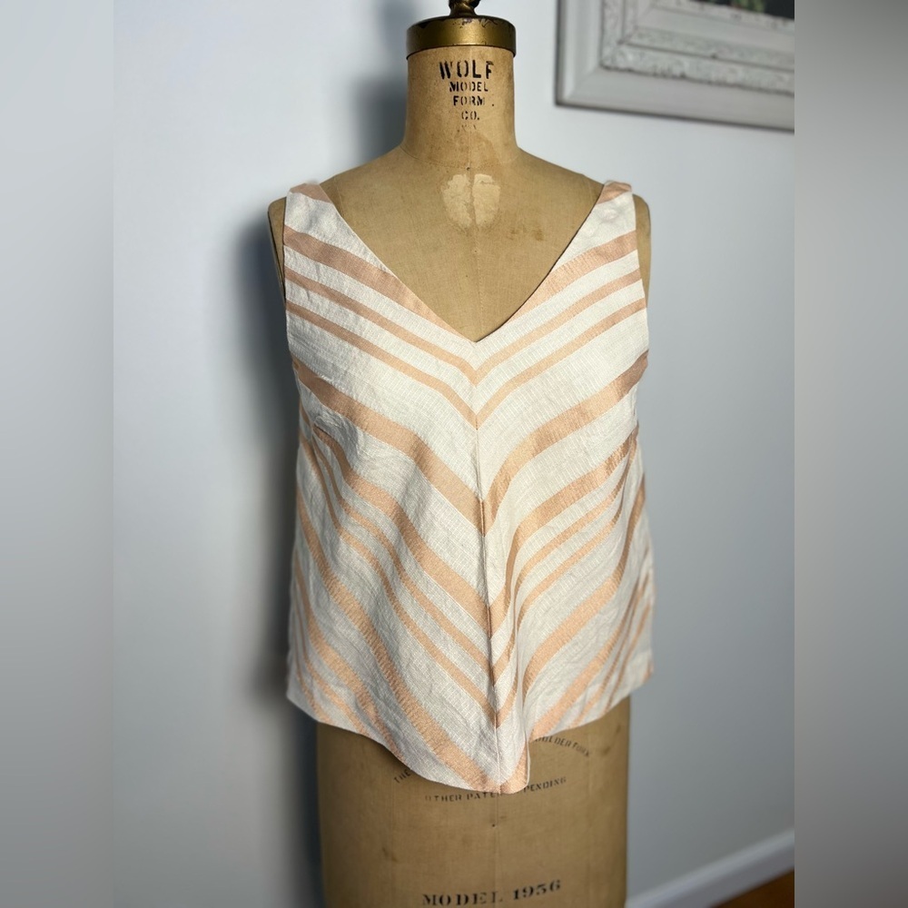 Anthropologie HD linen blend shiny striped sleeveless top pleated detail 6